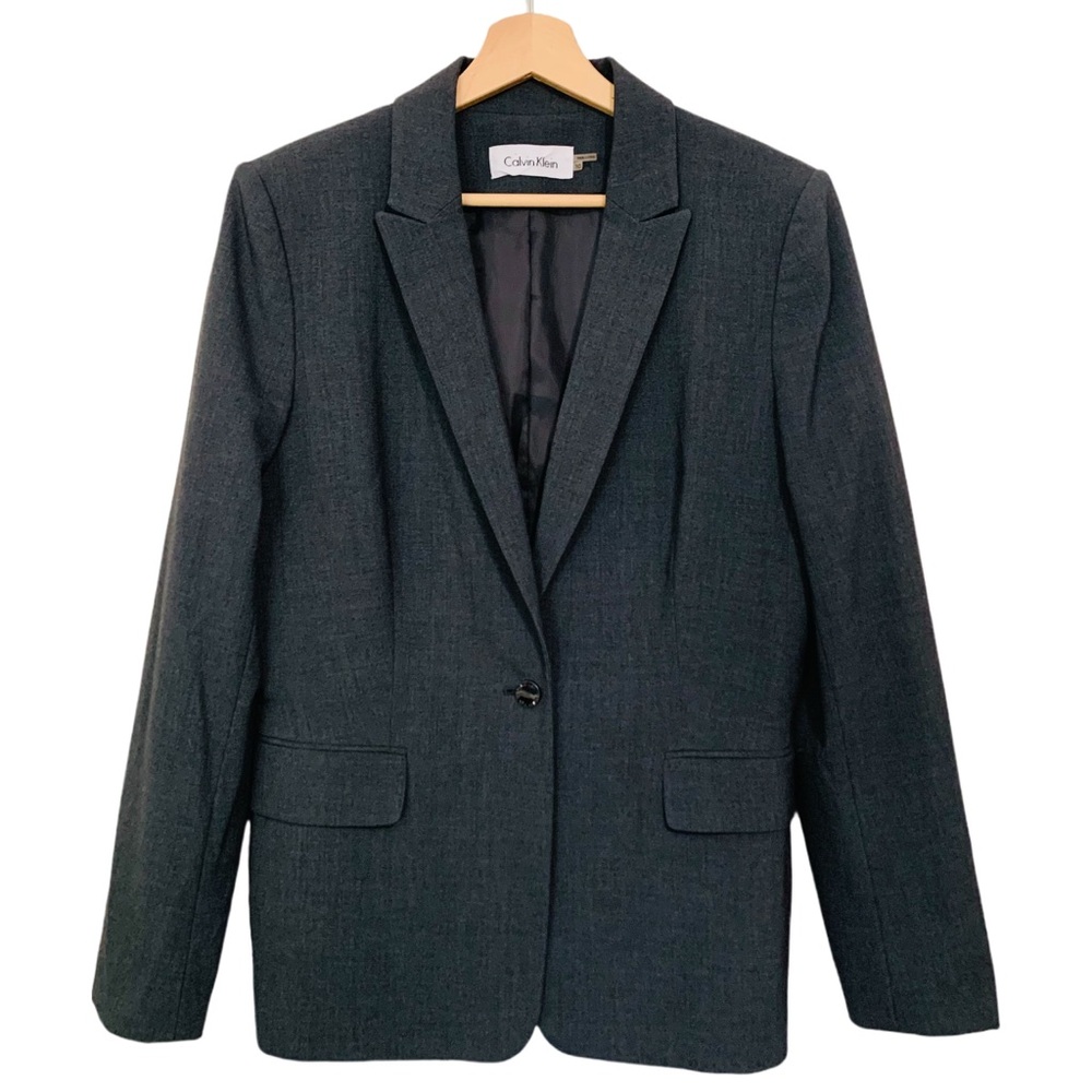 Calvin Klein Women’s Gray Blazer One Button Size 10 Notched Collar Professional